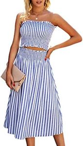 Angashion Women's Floral Crop Top Maxi Skirts Set 2 Piece Outfit Dress 2133 Blue Striped L