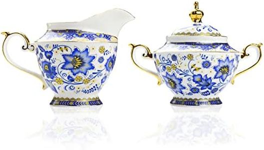 ACMLIFE Sugar and Creamer Set for Coffee Bar, 10.6 oz Bone China Cream and Sugar Set, Vintage Sugar Bowl with Lid, Floral Creamer Pitcher with Pour Spout and Handle, Blue and White