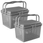 Kuber Industries Pack of 2 Picnic Basket with Lid and Handle | Food Basket for Travelling | Plastic Storage Basket | Shopping Basket | Large | Grey