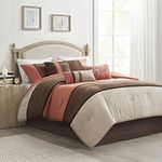 Madison Park Palisades King Size Bed Comforter Set Bed in A Bag - Coral, Brown, Pieced Stripe - 7 Pieces Bedding Sets - Micro Suede Bedroom Comforters