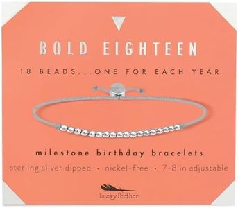 Lucky Feather Milestone 18th Birthday Gifts For Women - Sterling Silver Dipped Beads Bracelet on Adjustable 7”- 8” Cord - Bold 18 Year Old Gifts