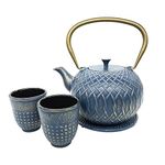 Cuisiland 33.8OZ Blue Cast Iron Teapot with Two 4oz Cups and 1 Trivet Set - Enameled Interior and Stainless Steel Infuser