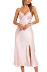 Alcea Rosea Women's Long Satin Negligee Nightgowns Lace Lingerie Chemises Sleepwear High Split Sexy Slip Silky Nightdress (Pearl Pink, XXL)