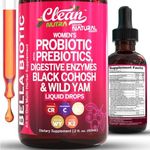 Liquid Probiotics for Women Drops with Chasteberry, Black Cohosh, Prebiotics, Digestive Enzymes, Evening Primrose Oil, Wild Yam, Cranberry Dmannose and Iron Vitamin D3 K2 Clean Nutra Bella Biotics