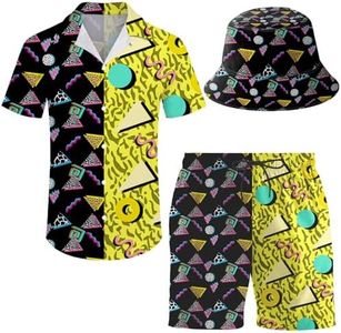 ifamawlea Men'S 2 Piece retro 80s 90s Memphis Graphics Hawaiian Shirt Shorts Button Down rave Shirt And Shorts Sets With Bucket Hats S