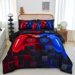 PERFEMET 6 Pieces Kids Comforter Sets Twin Size Red and Blue Game Console Bedding Set for Boys Girls Soft Fluffy 3D Cool Teen Gamer Bed in A Bag for All Seasons(Red Blue, Twin)