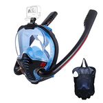 HJKB Full Face Snorkel Mask, 180 Degree Panoramic Anti-Leak with Latest Dry Top System, Snorkeling Mask with Camera Mount for Kids and Adult (Black & Blue, S/M)