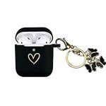 AIIEKZ Compatible with AirPods Case Cover, Soft Silicone Case with Gold Heart Pattern for AirPods 2&1 Generation Case with Cute Butterfly Keychain for Girls Women (Black)