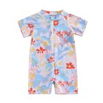 Baby Girls Cute Floral Print One Piece Swimsuit Summer Short Sleeve Zipper Bathing Suits Infant Short Rash Guard (Blue, 18-24 Months)