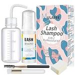 MULAFEE Eyelash Extension Cleanser, Lash Extension Shampoo Kit, Oils, Paraben & Sulfate Free Foaming 60 ML Eyelash Shampoo with Rinse Bottle and Soft Brush Safe for Salon Use and Home Care