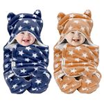 OYO BABY 3-in-1 Fleece Hooded Baby Blanket Wrapper (Star Dark Blue + Beige) Swaddle for New Born | All Season | 0-6 Months | Sleeping Bag |Baby Gifts | Multipurpose Comforter