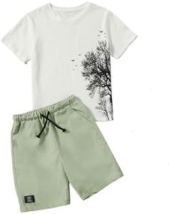 OYOANGLE Boy's 2 Piece Outfits Casual Graphic Short Sleeve Tee Shirt and Shorts Set White Green Tree 10Y