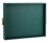 HofferRuffer Extra Large Serving Tray with Handles, Elegant Faux Leather Storage Decorative Tray for Coffee Table, Ottoman, Console Table (Green Tray+Golden Handle)