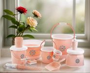 Liza 11 Pcs Bathroom Accessories Set Plastic Bath Set Bathroom Bucket, Mug, Stool, Soap Case, Tub And Dustbin 11 Piece Combo Set For Home, Kitchen & Bathroom (Peach), Pink