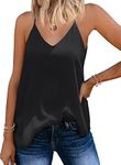 SUNAELIA Black Cami Tank Tops for Women Chiffon V Neck Layered Spaghetti Strap Camisole Summer Casual Flowy Solid Loose Fit Curved Hem Drape Slip Extended Bottom Length Sleeveless Blouse Shirts