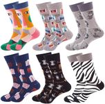 Men Funny Socks, Funky Crazy Dress Cotton Crew Work Socks Colorful Cartton Patterned Printed Novelty Art Socks Pack 6 Pairs