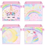 WERNNSAI Cube Storage Bins - 4 Pack Fabric Foldable Storage Boxes 28 cm Cube Organizer for Kids Decorative Storage Baskets with Handles Home Closet Room Bedroom ( Unicorn )