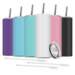 Deitybless 6 Pack Stainless Steel Skinny Tumbler, 20 OZ Double-Insulated Water Tumbler Cup with 8 Straw and 4 Brush, Vacuum Travel Mug Gift for Hot Cold Drinks with Cleaning