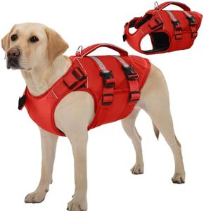 Kuoser Schwimmweste Hund Große, Rettungswesten für Hunde Schwimmweste mit Griff und Reflektierend, Verstellbar Hundeschwimmweste, Schwimmweste für Große Hunde mit Verbesserter Auftrieb, Rot XL