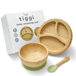 Baby Weaning Set by Tiggi, Baby Feeding Set, Complete with Suction Plate and Baby Bowls for Weaning, Toddler Plates and Bowls Sets, Bamboo Plates Baby, Bamboo Weaning Set (Soft Mint)