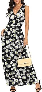 LILBETTER Women Sleeveless Deep V Neck Loose Plain Long Maxi Casual Dress(F Little Daisy Black,Large)