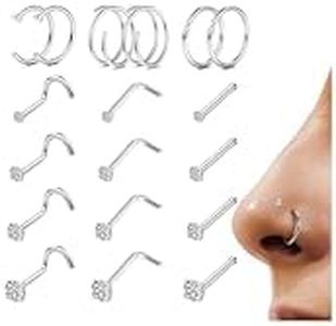 LOYALLOOK 18Pcs Nose Rings Studs 316L Surgical Steel Silver Nose Studs Double Hoop Nose Ring for Women Men 18G Silver Nose Rings Stud Hypoallergenic Nose/Body Piercing Jewelry 1.5mm 2mm 2.5mm 3mm CZ