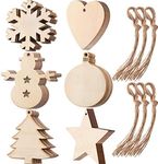 Tatuo 60 Pieces Wooden Cutouts Christmas Wood Ornaments, Star, Christmas Tree, Snowflake, Snowman Christmas Wooden Hanging Ornaments with 60 Pieces Ropes for Embellishments, Wedding, DIY Craft