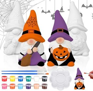 Hollowfly 2 Pack Halloween Ready to Paint Your Own Gnome Statues, 4 Spider Web Pumpkin Mini Blank Ceramics Unpainted Gnome Figurines Craft DIY Art with Brush Palette Paint for Adults