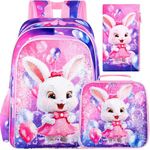 16" Bunny Backpack, 3Pcs Girls Sequin Bookbag for Elementary Preschool Kindergarten, Kids School Backpacks with Lunch Box(Pink)