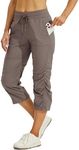 Willit Women's Woven Capris Hiking Travel Pants Striped Workout Drawstring Pants with Pockets Lightweight Quick Dry Light Brown M