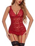 Avidlove Sexy Babydoll for Women Lingerie with Garter Mini Teddy Bodysuit Lace Chemise Wine Red XL