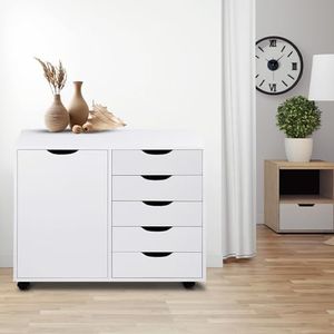 Naomi Home Amy 5 Drawer Chest, Wood Storage Dresser Cabinet with Wheels, Craft Storage Organization, Makeup Drawer Unit for Closet, Bedroom, Office File Cabinet 180 lbs Total Capacity - White