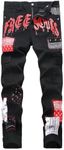 Classlong Men's Casual Printed Slim Fit Jeans Skinny Denim Pants Mythological Print (Black-Red,40)