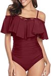 Holipick 1 Piece Sexy Swimsuits for Women Ruched Tummy Control Lace Up Flounce Bathing Suit M Wine Red