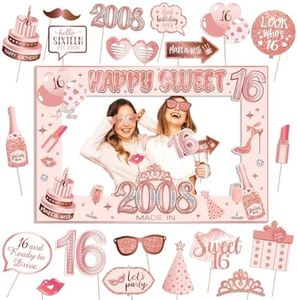 Sweet 16 Party Decorations for Girls, Sweet 16 Photo Booth Props Pink Rose Gold 16th Birthday Selfie Props with Photo Frame Kit Sweet Sixteen Happy Birthday Party Decorations Supplies Favors