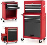 GiantexUK 2-in-1 Tool Cabinet on Wheels, Rolling Lockable Metal Tool Chest Storage Box with Detachable Top Cabinet, 6 Drawers & Hooks, Heavy-duty Toolbox Trolley for Garage Workshop (Black + Red)