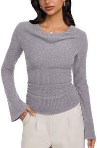 REORIA Women Cowl Neck Ribbed Long Bell Sleeve Going Out Top Blouse Grey XL