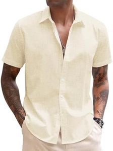 Coofandy Men's Linen Casual Short Sleeve Shirts Button Down Summer Beach Shirt, Light Khaki, Large