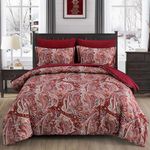 DJY Red Paisley Comforter Set Queen Size, 7 Piece Bed in a Bag Boho Paisley Pattern Comforter Set, Soft Lightweight Microfiber Reversible Bedding Set for All Season (90''x90'')