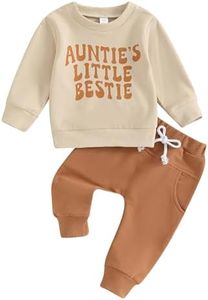 Toddler Baby Girl Clothes Aunties Bestie Letter Sweatshirts Solid Color Outfit Pants Fall Winter Set, Khaki-aunties Bestie, 2-3 Years