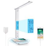 Desk Lamp, LED Desk Lamp with Wireless Charger, USB Charging Port, Adjustable, Foldable ​Table Lamp with Clock, Alarm, Date, Temperature, 5 Levels of Dimmable ​Lighting​, Office Lamp with Adapter