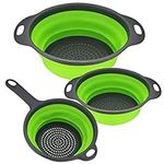 3 Pcs Collapsible Colanders Set, Silicone Colanders & Food Strainers, Foldable Filter Drain Baskets, Green Kitchen Strainer Washing up Bowl with Handle for Draining Pasta Fruits Vegetable Colanders