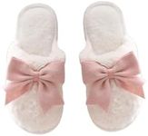 OYOANGLE Women's Bow Decor Round Toe Fuzzy Slippers Plush Home Slippers Indoor Bedroom Warm Slippers Pink 6.5