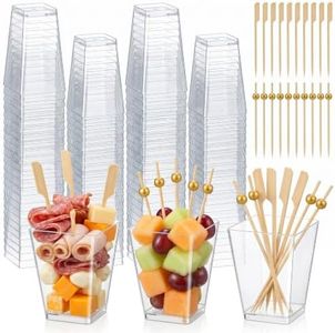 Bosizhang 60 Pcs Plastic Charcuterie Cups 5 OZ Square Appetizer Cups with 120 Sticks, Clear Fruit Cups with Cocktail Picks Mini Shooter Cups for Dessert, Fruit, Snack and Party