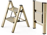 WOA WOA Step Ladder, 2 Step Foldable Step Stool with Widen Pedals, Portable Aluminum Stepladder, Compact Ladder for Space Saving, Home Ladder for Kitchen(300lbs, Gold)