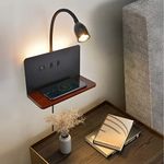 Black Bedside Wall Sconces with Wireless Charger & USB Port, Wall Light with Plug in Cord Bedroom Dimmable Flexible Gooseneck Wall Mounted Reading Light, Wall Lamp with 3000K Backlight Headboard Light