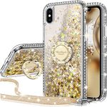 Miss Arts for iPhone X/XS Case, [Silverback] Moving Liquid Holographic Sparkle Glitter Case With Kickstand, Bling Diamond W/Ring Stand Slim Protective Case for Girls Women for iPhone X/XS -Clear Gold