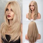 BESTUNG Long Straight Dark Blonde Wig with Bangs for Women Layered Blonde Synthetic Wig For Women Girl's Natural Looking Wig at Party(Dark blonde)