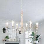 Farmhouse Chandeliers for Dining Room, 6 Lights Distressed White Chandelier, Wood French Country Chandelier, Rustic Pendant Lights for Bedroom Living Room Foyer