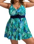 Women Plus Size Two Piece Tankini Swimdress with Boyshorts Green Leaves Ruched Tummy Control Bathing Suit 7X for Fall Resort